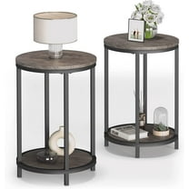 NSdirect Round Side Table Set of 2,16in Rustic Wooden End Table Surface Top & Sturdy Metal Legs Nightstand for Living Room Bedroom Farmhouse Sofa Table with Storage Open Shelf,Light Walnut