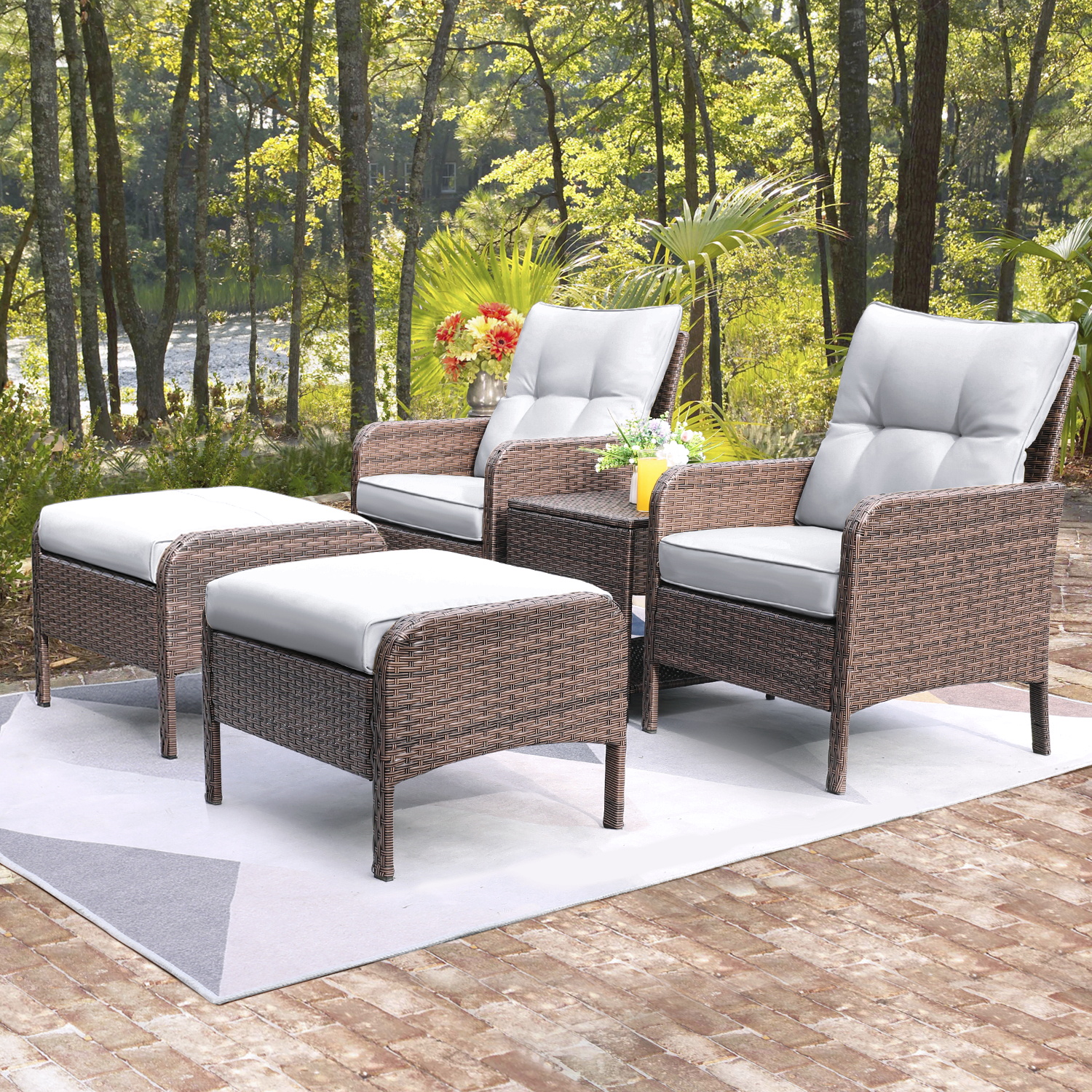 LACOO 5 Pieces Wicker Patio Furniture Set Outdoor Patio Seat Conversation Cushion Chairs with Table & Ottomans, Gray - image 4 of 8