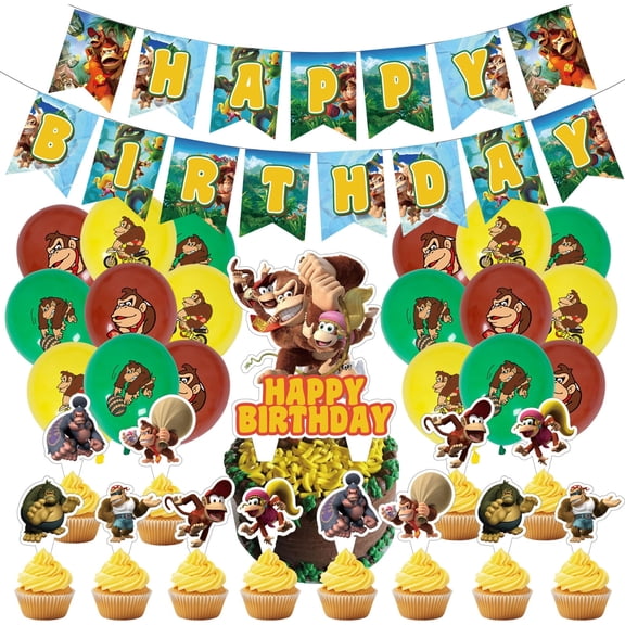 32 Pcs For Donkey Kong Movie Theme Birthday Party Decoration Set,Includes Happy Birthday Banner,13 Cupcake Toppers,and 18 Balloons Party Supplies for Celebrations