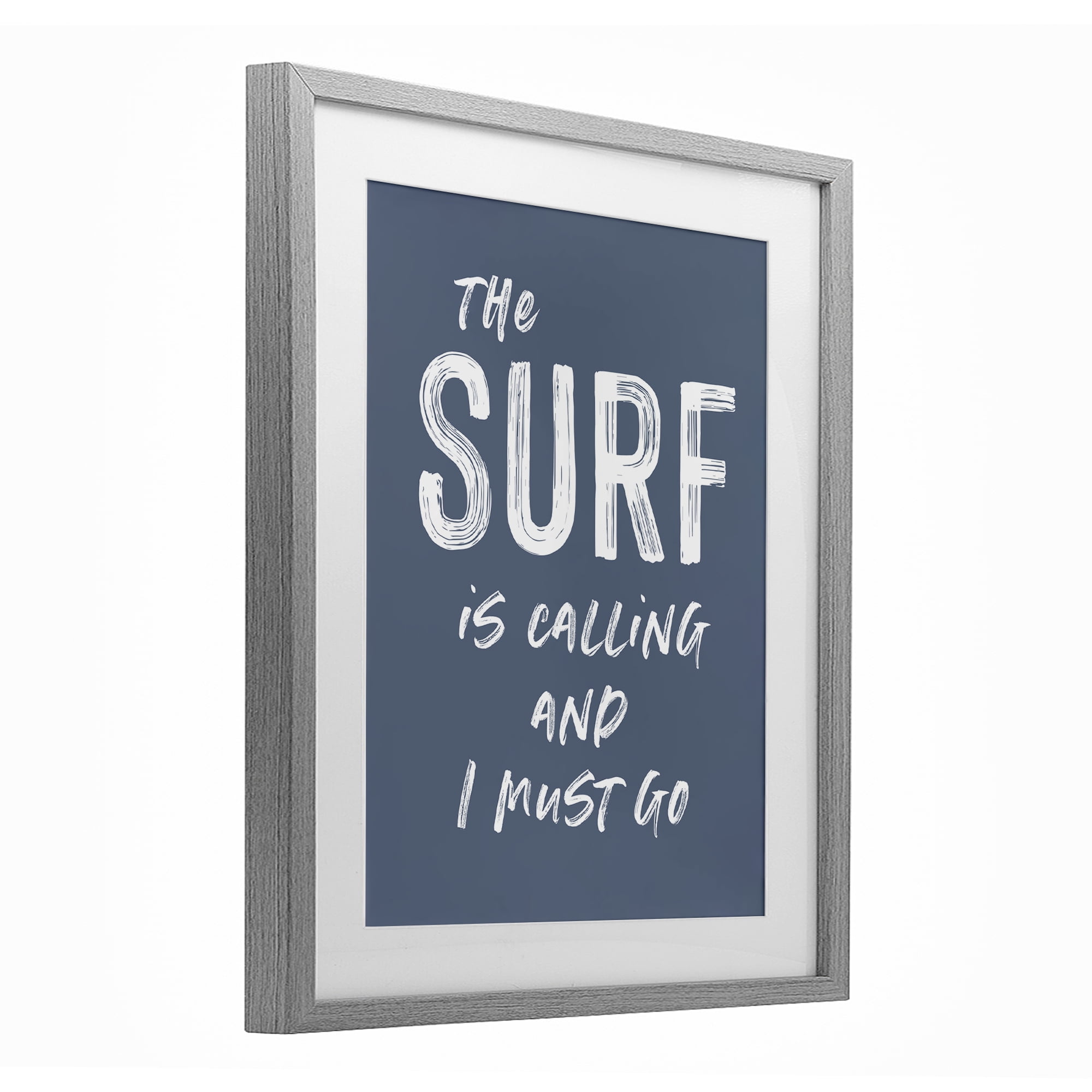 Surf Is Calling Must Go Gray Framed Print Under Glass, design by Lettered and Lined
