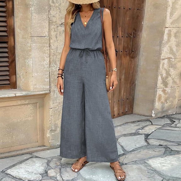 Fesfesfes Jumpsuit for Women Pants Overalls Printed Long Romper Casual Sleeveless V-neck Wide-leg Jumpsuit with Pockets and Drawstring Long Pants