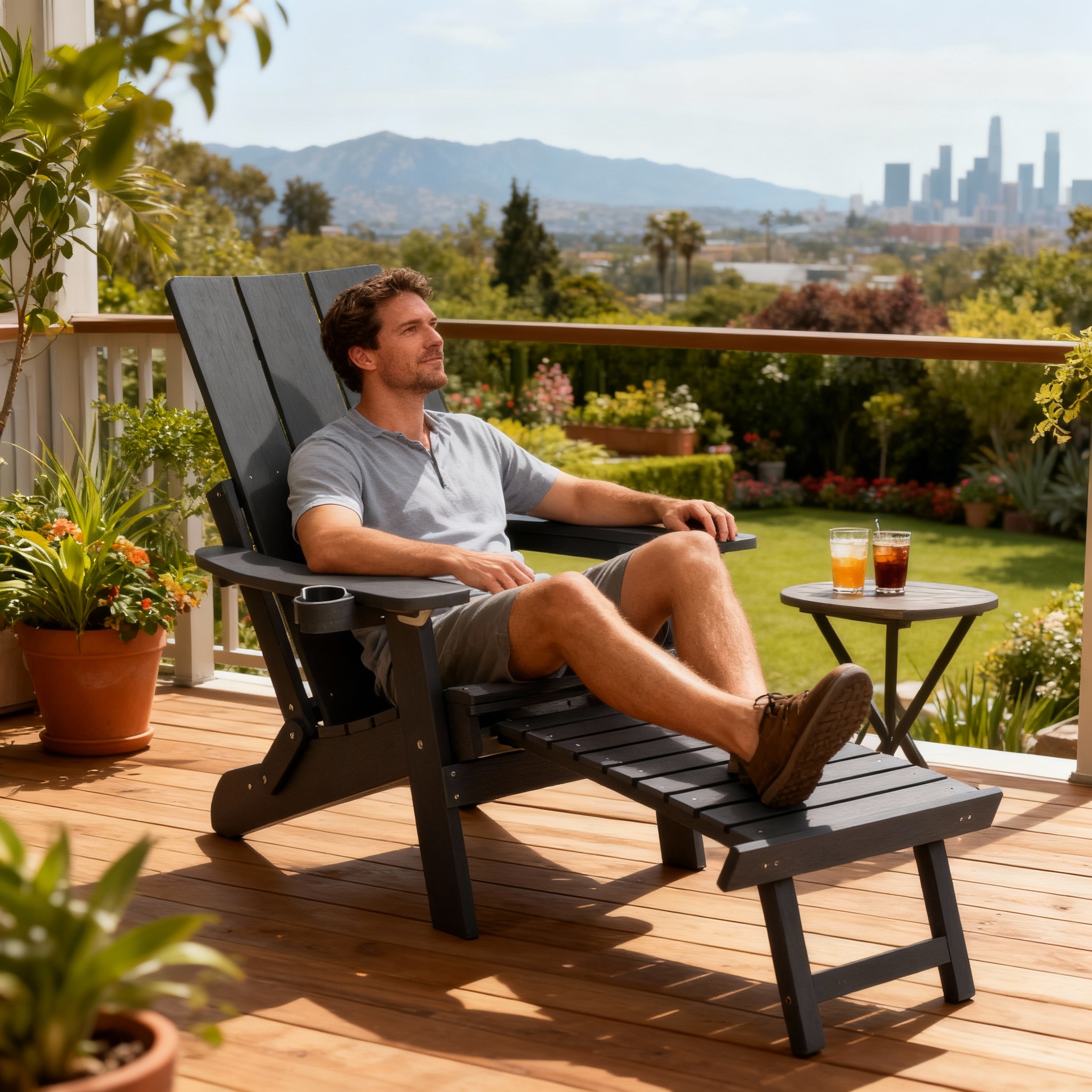 Innovaze Folding Adirondack Chair with Ottoman, 700LBS Heavy Duty Poly Lumber Outdoor Chair, Adjustable Back, Cup Holders, All Weather HIPS Patio Chair for Porch, Backyard, Pool (Black)