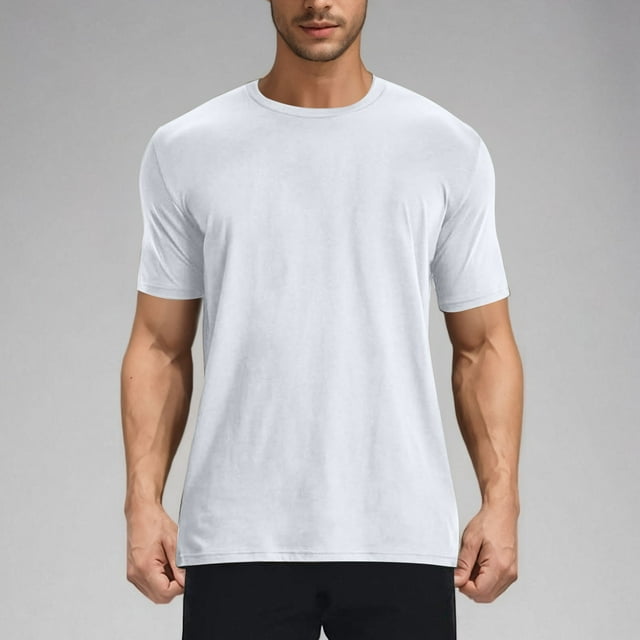 Tops para hombre, blusas y camisas de cuello redondo y manga corta para hombre, jersey deportivo informal elástico de color liso para hombre, blusas de poliéster de manga corta con cuello redondo para