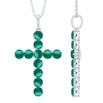 Rosec Jewels Certified Lab Grown Emerald Cross Pendant with Chain - Religious Necklace - AAAA Grade - Gift for Christmas, 18K White Gold