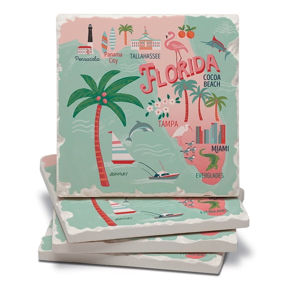 Thirstystone Florida Attractions Tumbled Tile Coaster 4 Pack