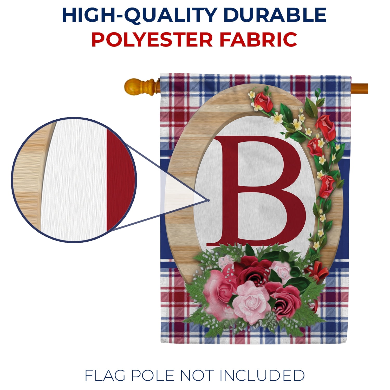 America Forever Monogram B House Flag, 28 x 40 inch Double Sided, Letter B with Roses, Floral Initial Flag, Plaid Background, Personalized Yard Decor