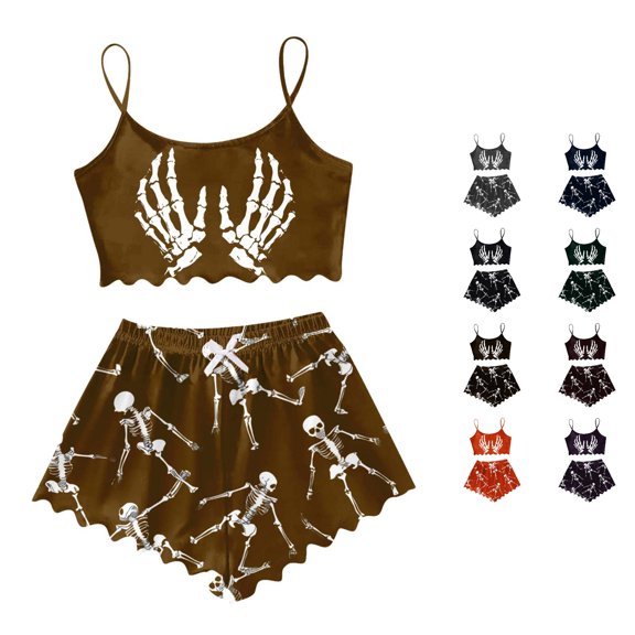 Weebloom Halloween Soft Pajamas For Women Sleeveless Vest Shorts Set Casual Print Home Wear Sleepwear Nightwear Pjs Loungewear Gold L