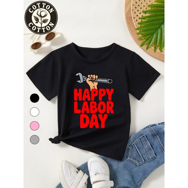 Kids' 100% Cotton Labor T-Shirt - Cute Cartoon Wrench Graphic Tee, Machine Washable Round Neck Top for Boys & Girls, Perfect for School, Playtime & Holiday Gifts, T Shirts