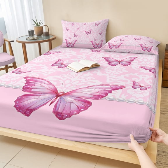 King Size Fitted Sheet Set - Pink Floral Butterflies 3 Piece Bedding Sets 16" Deep Pocket Fitted Sheet with 2 Pillowcases, Abstract Art Vintage Botanical Brushed Microfiber Hotel Luxury Bed Sheets