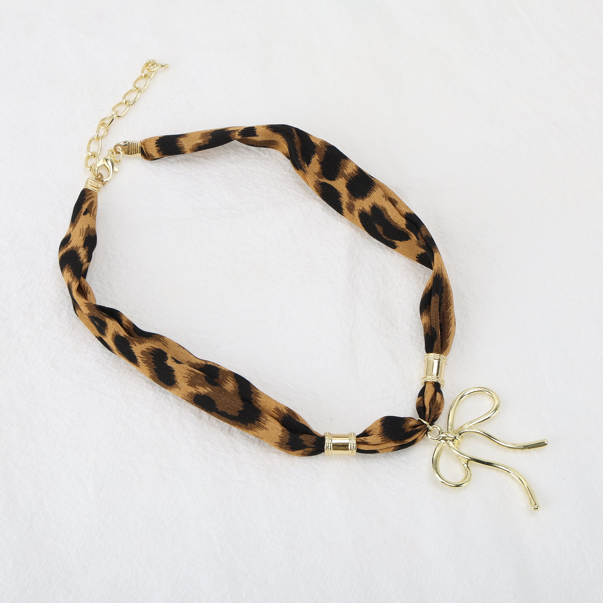 Unique Bargains Leopard Bow Scarf Necklace with Charm Adjustable Tie Brown 1 Pc