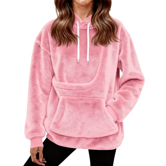 Women's Fashion Oversized Hooded Sweatshirt Long Sleeve Solid Color Fleece Pullover with Pocket and Drawstring Hood Casual Loose-Fit Top for Pet-Carrying Soft Tops