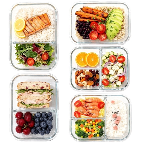 5 Pack 36oz Glass Meal Prep Containers with Lids, 1&2&3 Compartment Airtight Glass Food Storage, Microwave & Dishwasher Safe, Blue