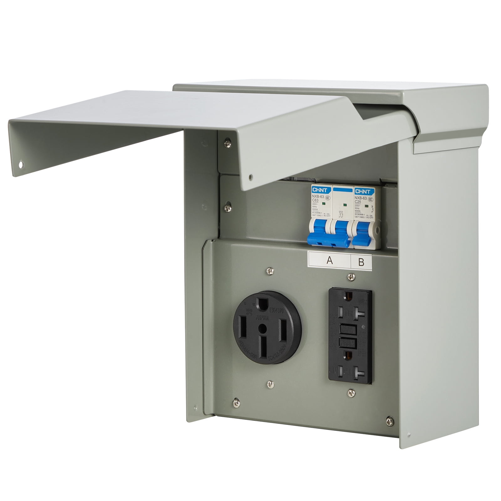 VEVOR Temporary Power Outlet Panel, 20 50 Amp, RV EV Electrical Outlet Panel with NEMA 50 Amp GFCI 20 Amp Receptacle Installed, Pre-Wired IP54 Weatherproof Box, for RV Camper Car Travel Motorhome
