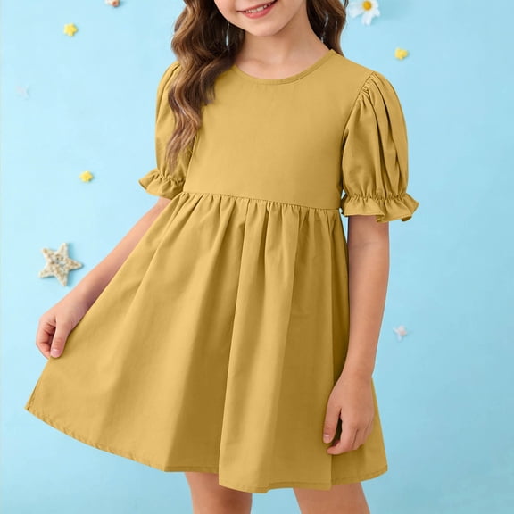 Spazoro Toddler Girls Midi Dresses, Crew Neck Short Sleeve Solid A-Line Casual Summer Dresses for Girls Yellow Size 4-5