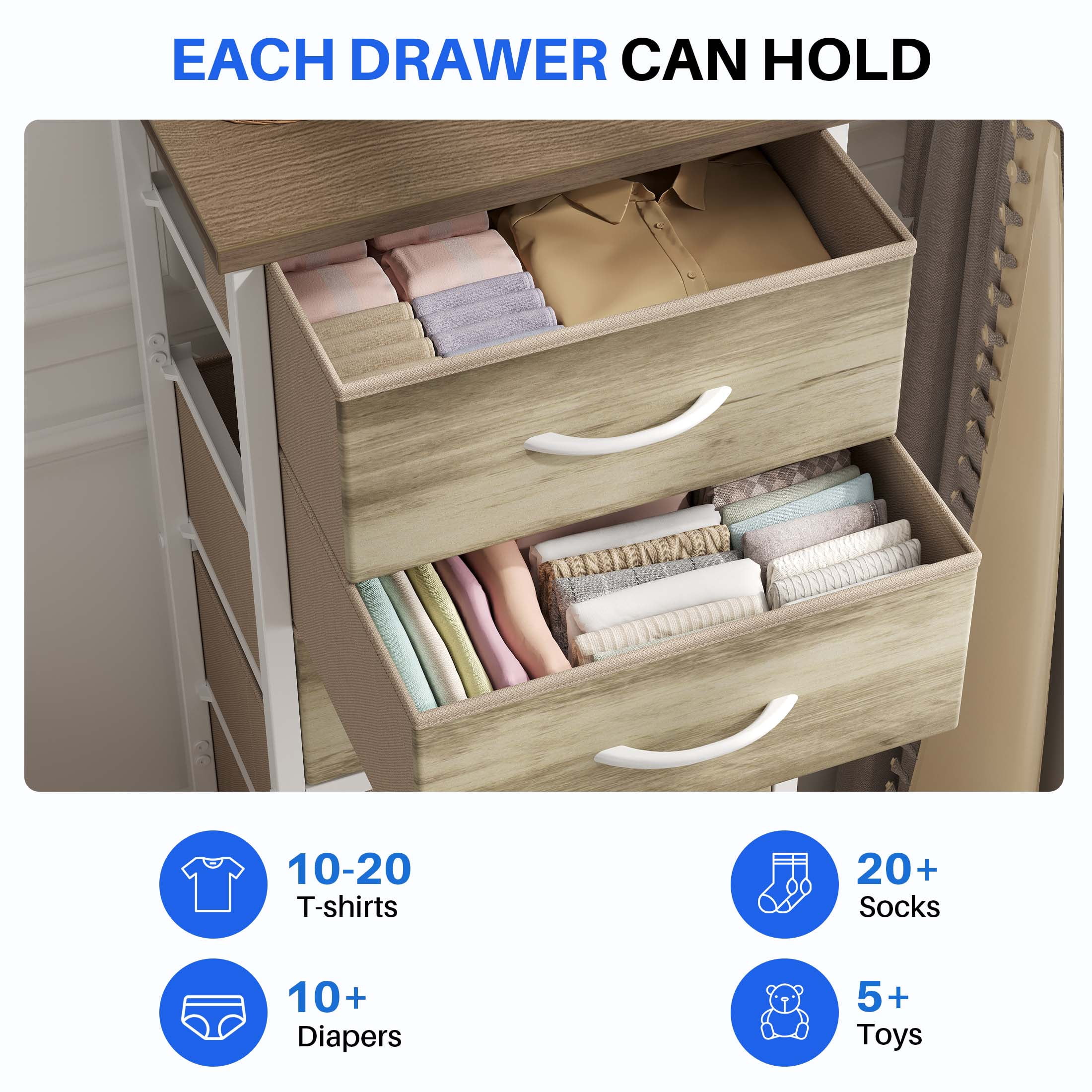 EDX 6 Drawer Fabric Dresser for Bedroom , Storage Organizer, Wide Chest of Drawers for Closet, Clothes,TV Stand, Oak