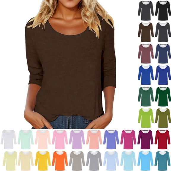 Bmisegm 3/4 Sleeve Tops for Women Casual Solid Color Print Crew Neck T Shirt Stretchy Tops Womens Casual Tops Brown XL