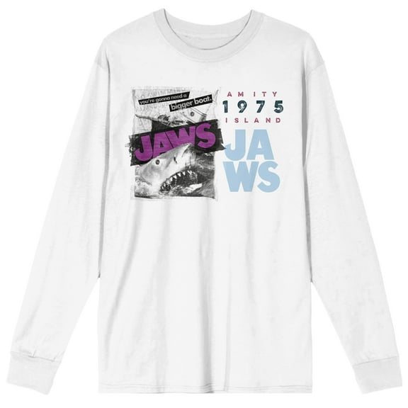 Jaws Amity Island 1975 Crew Neck Long Sleeve Men's White Tee