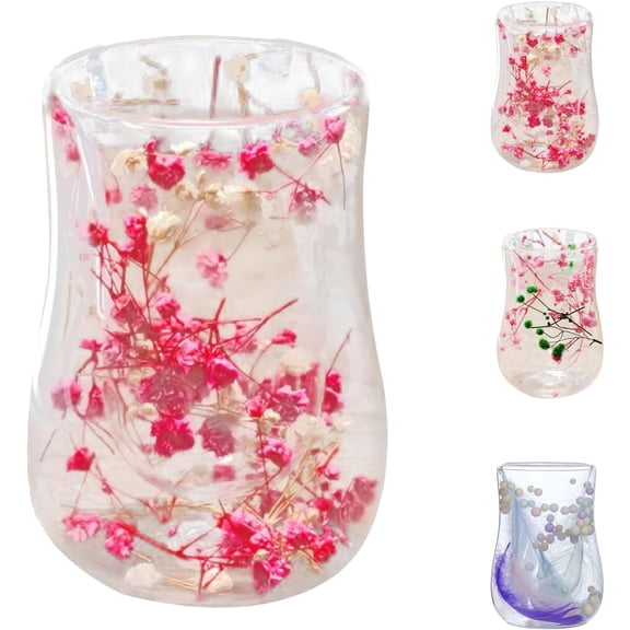 7Oz Double Glass Flower Tea Cup with Dried Floral Design, Clear Handmade Glass Cup for Coffee, Tea and Various Hot or Cold Drinks for Home and Kitchen Daily Use (Q)