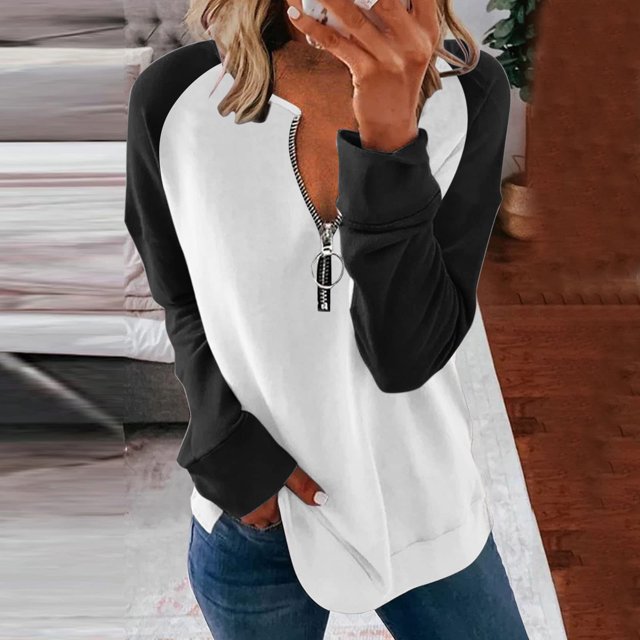 Pntutb Mujeres Casual Sólido Cremallera Empalme Suelto Con Capucha Manga Larga Cuello En V tops Pntutb Pntutb-3892