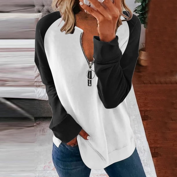 Pntutb Mujeres Casual Sólido Cremallera Empalme Suelto Con Capucha Manga Larga Cuello En V tops Pntutb Pntutb-3892