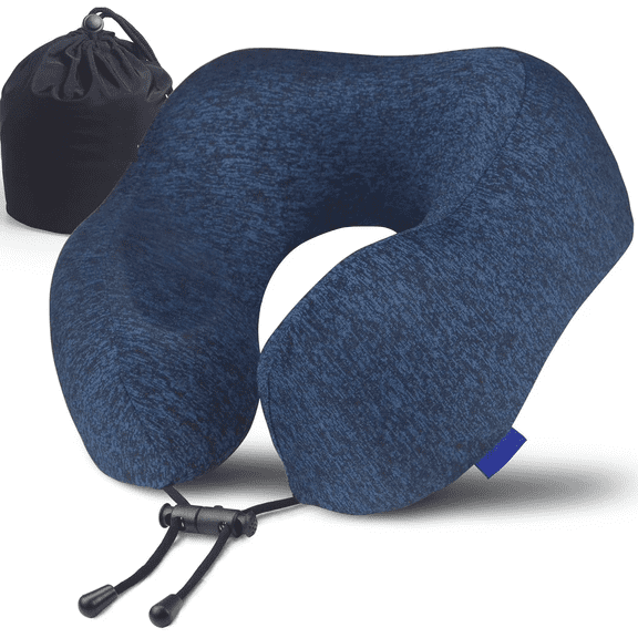 Travel Neck Pillow 100% Pure Memory Foam Portable Airplane Flight Dark Blue