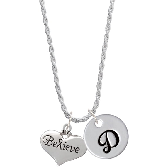 Delight Jewelry Silvertone Large Believe with Ribbon Heart Silvertone Script Initial Disc - D - Charm Necklace, 20"+3"