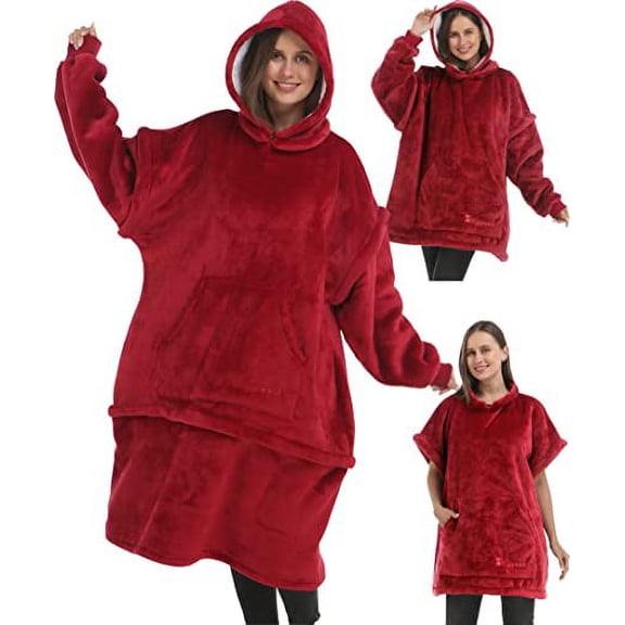 Zillywood Oversized Wearable Blanket Hoodie with Removable Sleeves, Hood and Bottom. Soft Customizable Fleece Blanket Hoodie with Sleeves, Wearable Warm Snuggle Blanket with Zippers. (Wine, One Size)