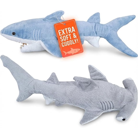Bedwina 2-Pc Shark Plush Toy Set 14” Mako & 13” Hammerhead Shark Plush Stuffed Animals