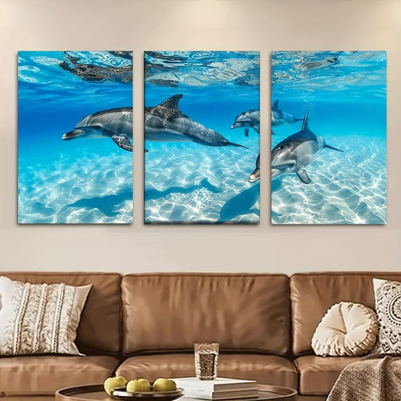 3pcs/set,Canvas Painting--Unframed,Charming Dolphin Family in Ocean,Wall Decoration,Bedroom,Living Room/Library,Office,Cafe,Bar,Abstract Art