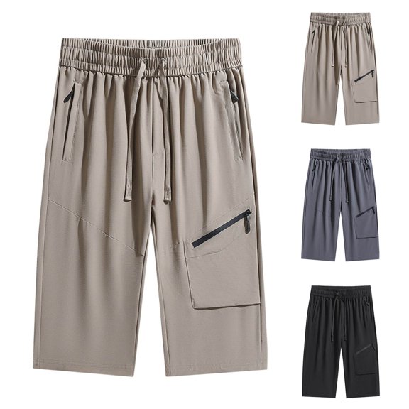 DODADAWANJ Men Below Knee Shorts Straight Wide Leg Summer Casual Pants Big and Tall Elastic Waist Athletic Shorts with Zipper Pockets Capri Pant Black XXL