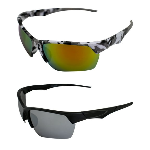 AlterImage Orion Wraparound Sports Retro Sunglasses for Men or Women 2 Pair Camo & Black Semi-Rimless Frames w/ Coinjected Rubber Tips & G-Tech Red/Flash Mirror Lenses