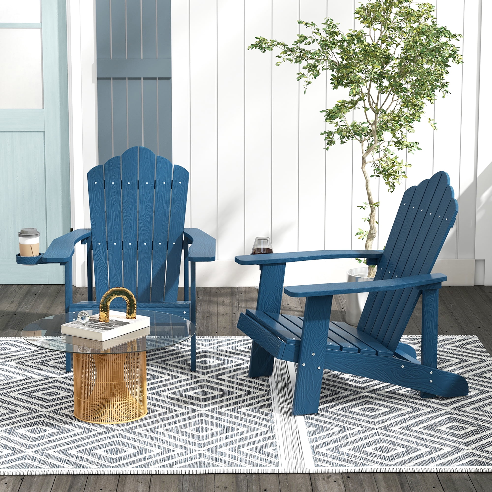 Gymax Patio HIPS Outdoor Weather Resistant Slatted Chair Adirondack Chair w/ Cup Holder Navy