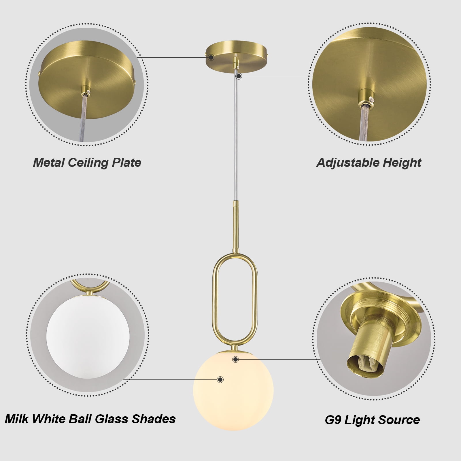 LMQNINE Gold Pendant Light with Milky White Glass Shade,Adjustable Minimalist Globe Hanging Fixture for Kitchen Island,Dining Room,2 Pack