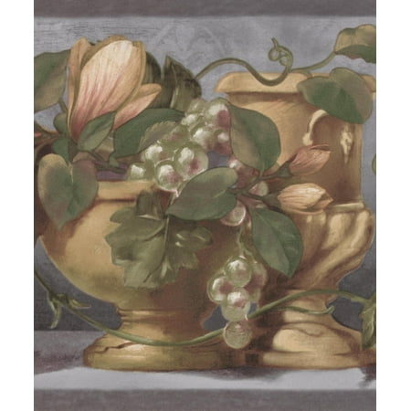 Brown Vases Vines Kitchen Shelf Blue Vintage Wallpaper Border Retro
