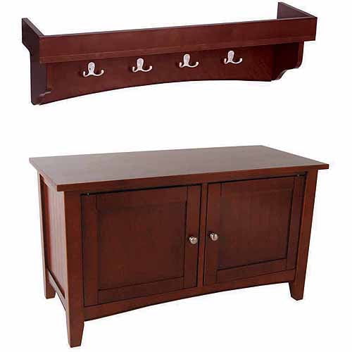 Alaterre Shaker Cottage Storage Bench/Coat Hooks with Tray, Cherry