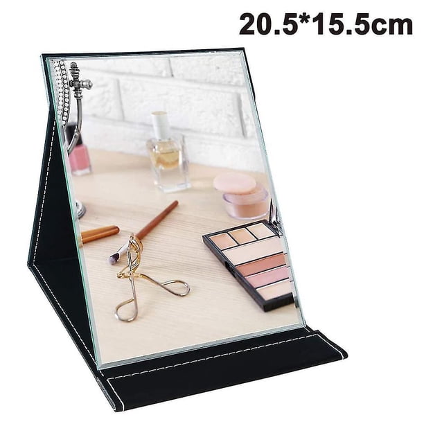 Espejo de maquillaje plegable portátil con base de escritorio para cosméticos, compatible con viajes y tocador.