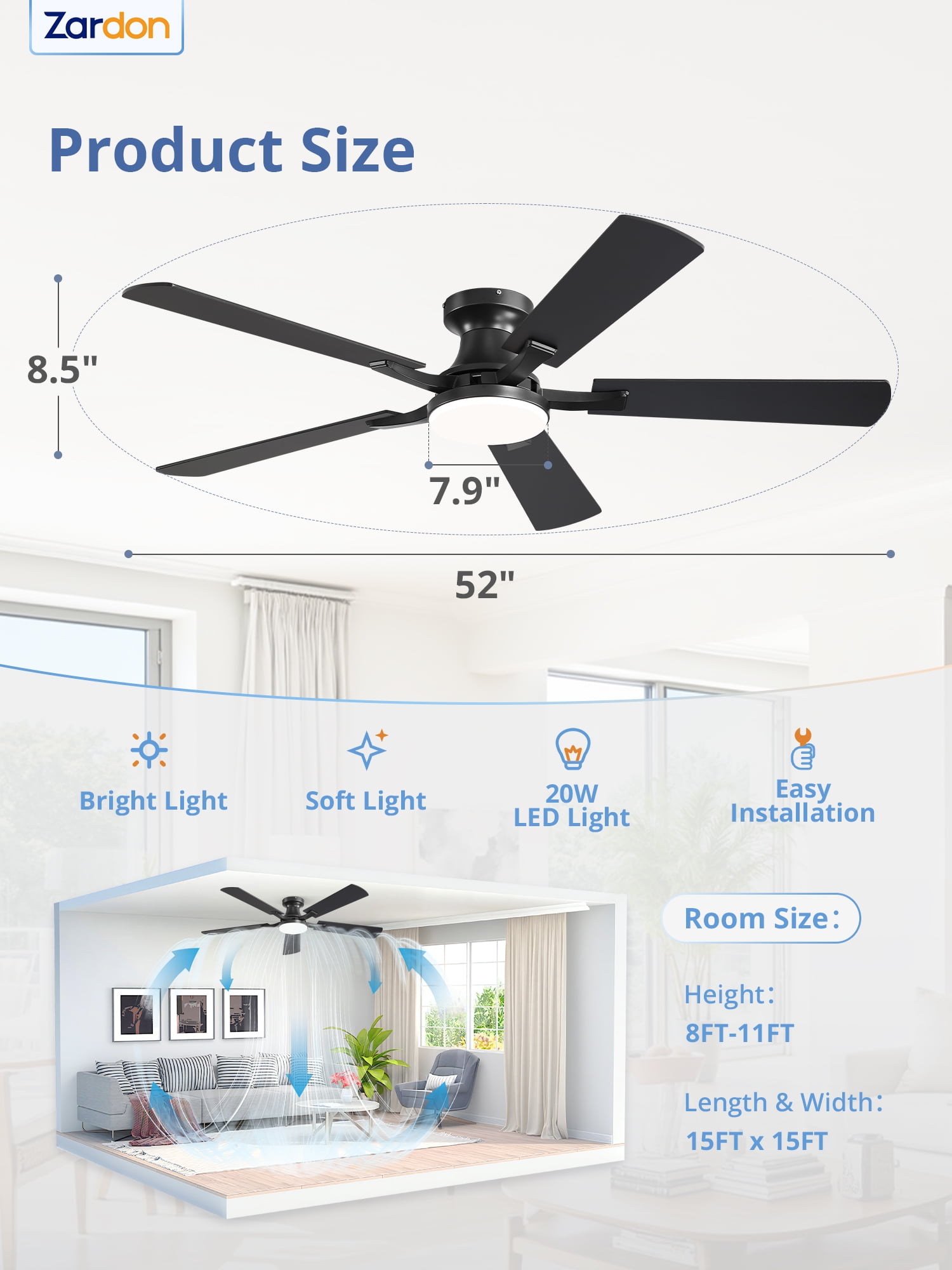 Zardon 52 inch Black Ceiling Fan with Light, Flush Mount Low Profile, App & Remote Control, Dimmable 6-Speed, Quiet Reversible DC Motor for Bedroom, Living Room