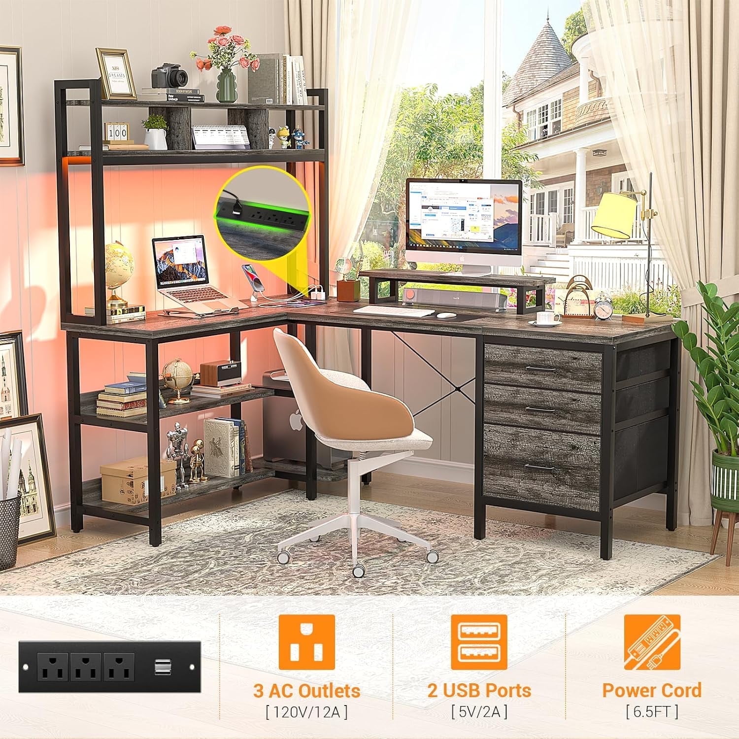 iSunirm L Shaped Gaming Desk with Storage, Computer Gaming Desk with LED Lights & Hutch, Reversible Computer Desk with Power Outlet, Corner Desk with Drawers, Shelves for Home, Black Oak