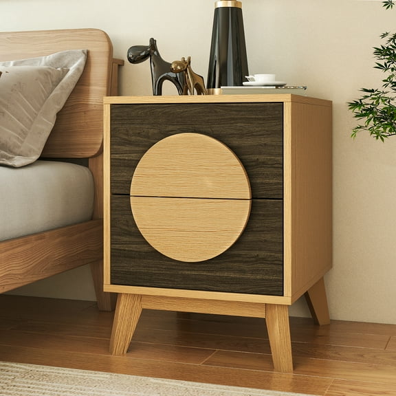 Rocyis 15’’ Oak Nightstand with Two Drawers and Round Handle, Wooden Modern Bedside Table for Small Space, Bedroom