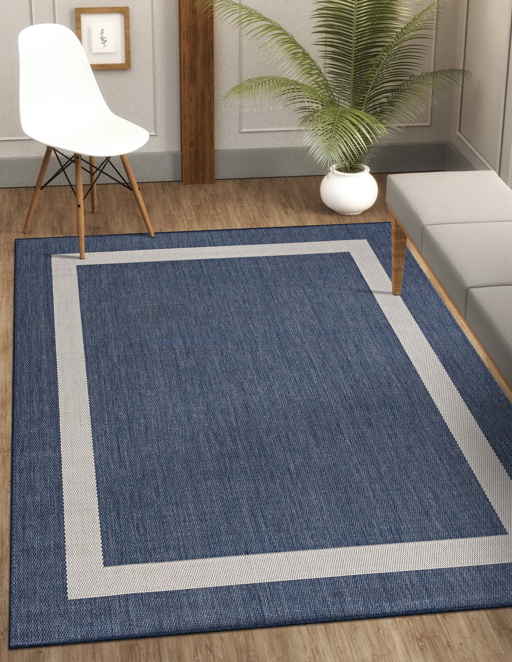CAMILSON Bordered Washable Indoor Outdoor Area Rug Blue 9 x 12