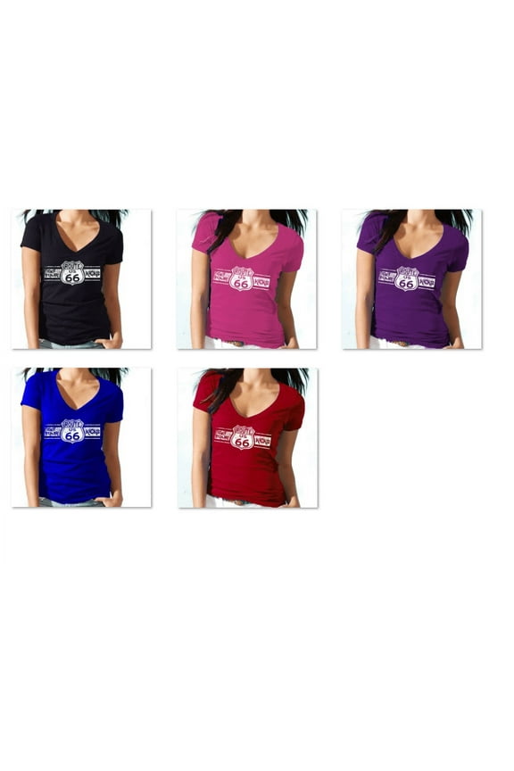 Lady Route Us 66 Get Your Kick Printed V-neck Tshirt Graphic Vneck T-Shirt Short Sleeve Vneck T-Shirt Soft and Comfy Shirt, Lightweight Shirt Womens Purple Tee Large