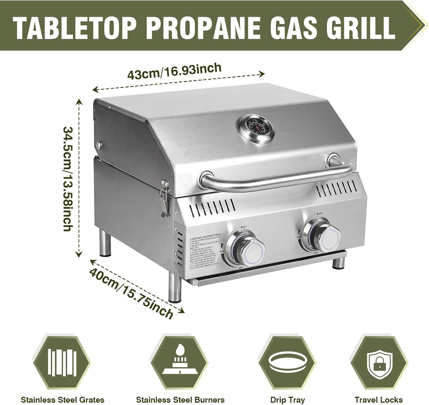 Frizi Outdoor Grill Table with 2-Burner Propane Gas Grill, Portable Stainless Steel Cooking Station with Storage Shelves, Hooks, and Locking Wheels for Tailgating, Camping & Backyard BBQ