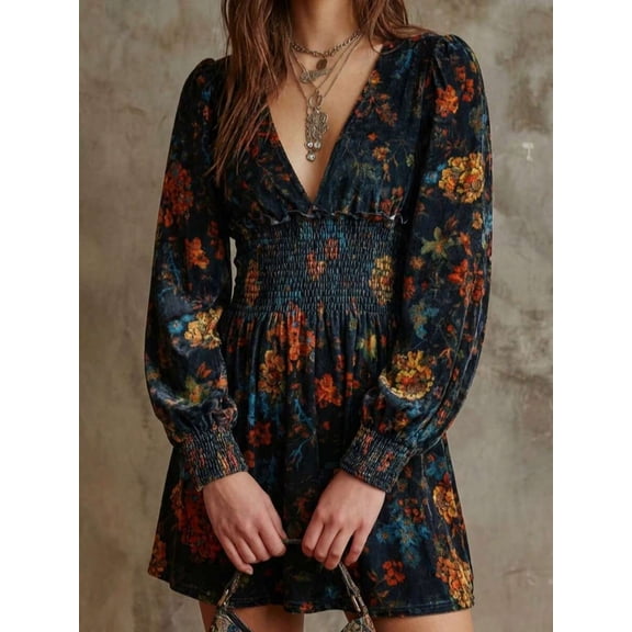 Black Floral Print Velvet Mini Dress With Smocked Waist And V-Neck