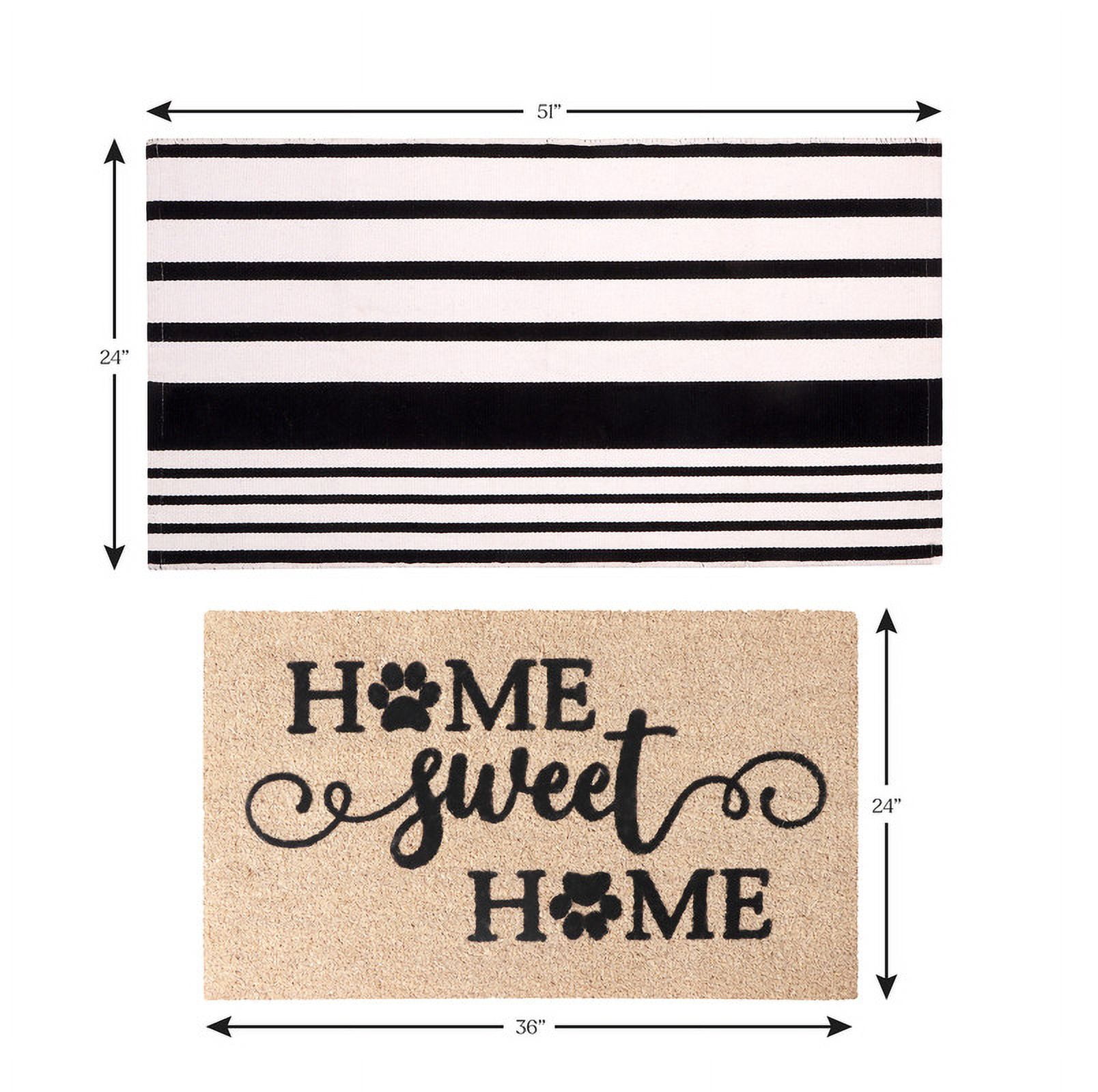 A1HC Coir Welcome Mat and Black & White Striped Cotton Rug Combo Set, 24"x36" & 24"x51", Hand-Woven Washable Entryway Décor