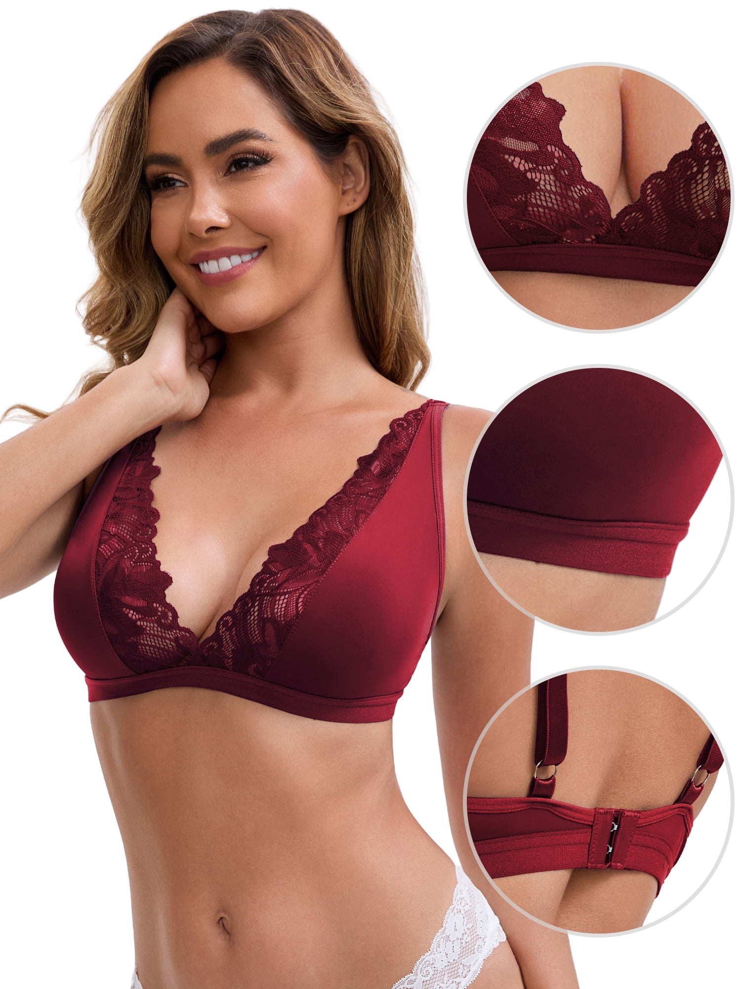 DARING DIVA Lace Bras Deep V Plunge Adjustable Straps Triangle Bralette L Wine Red