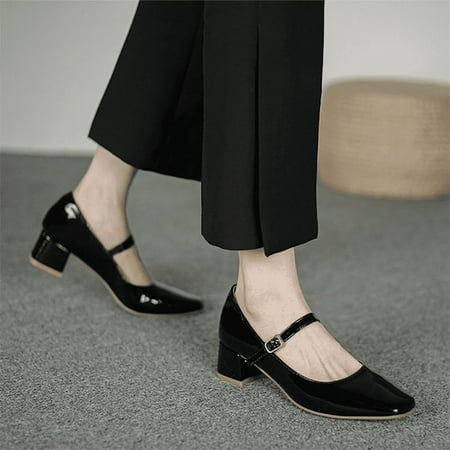 

New Women s Red Black Mary Janes Shoes High Quality Leather Low Heel Dress Shoes Square Toe Shallow Buckle Strap Women s Shoes black 36