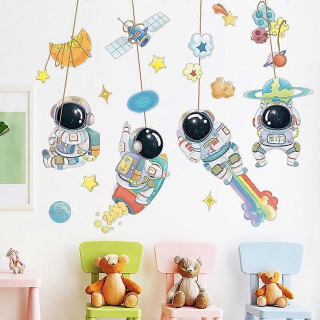Pegatinas de pared de astronauta, planetas, espacio, arte DIY, vinilo, murales extraíbles, calcomanías de pared para dormitorio infantil, sala de juegos