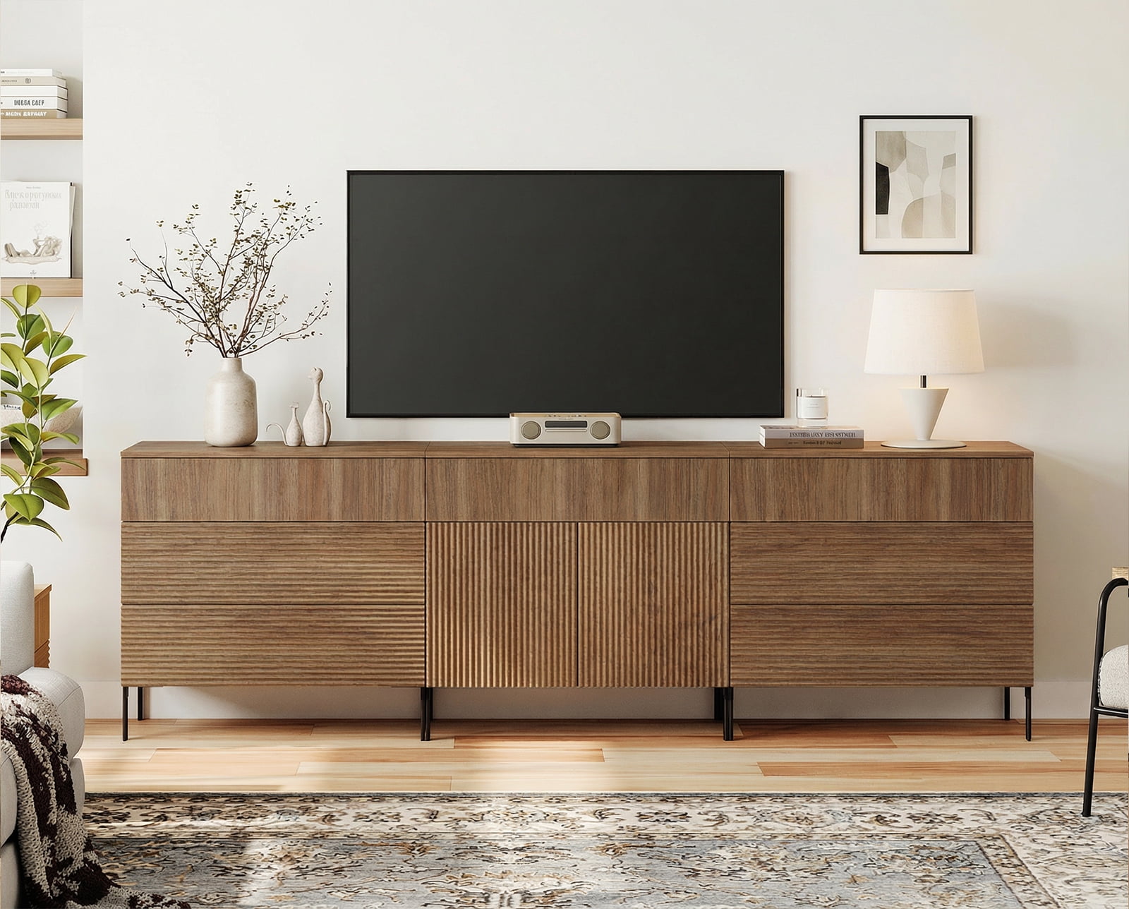 Modern Reeded Dresser TV Stand for TVs up to 100 Inch, Entertainment Center with Drawers, Wooden TV Console with Storage for Living Room