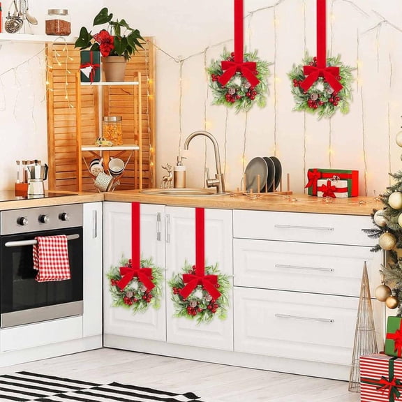 Feltree Red Bow Ribbon Christmas Wreath Door Hanger with Closet Hook, Festive Home Decor, Easy to Hang, 9.44 Inch Plastic Ornament for Holiday Gift