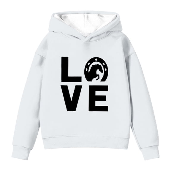IWRICH Horse Hoodie for Girls Horseshoe Love Graphic Pullover Gift for Riders Fans,Size 2-14 Years White 160
